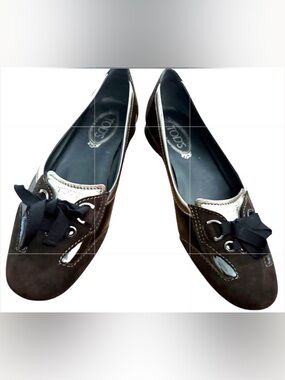 Tod's Holiday Ballerina Brown Suede Patent Leather Bronze Trim Driving Shoes 10